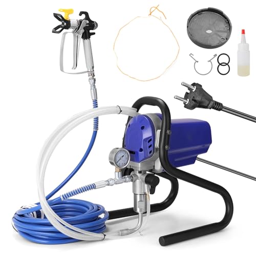 Hochdruck-Airless-Spritzgerät, 750 W, elektrische Farbspritzmaschine mit 10 m Schlauch, 6000 PSI Wandfarbspritzgerät mit Manometer, 1,2 l/min Farbspritzpistole (Blue)