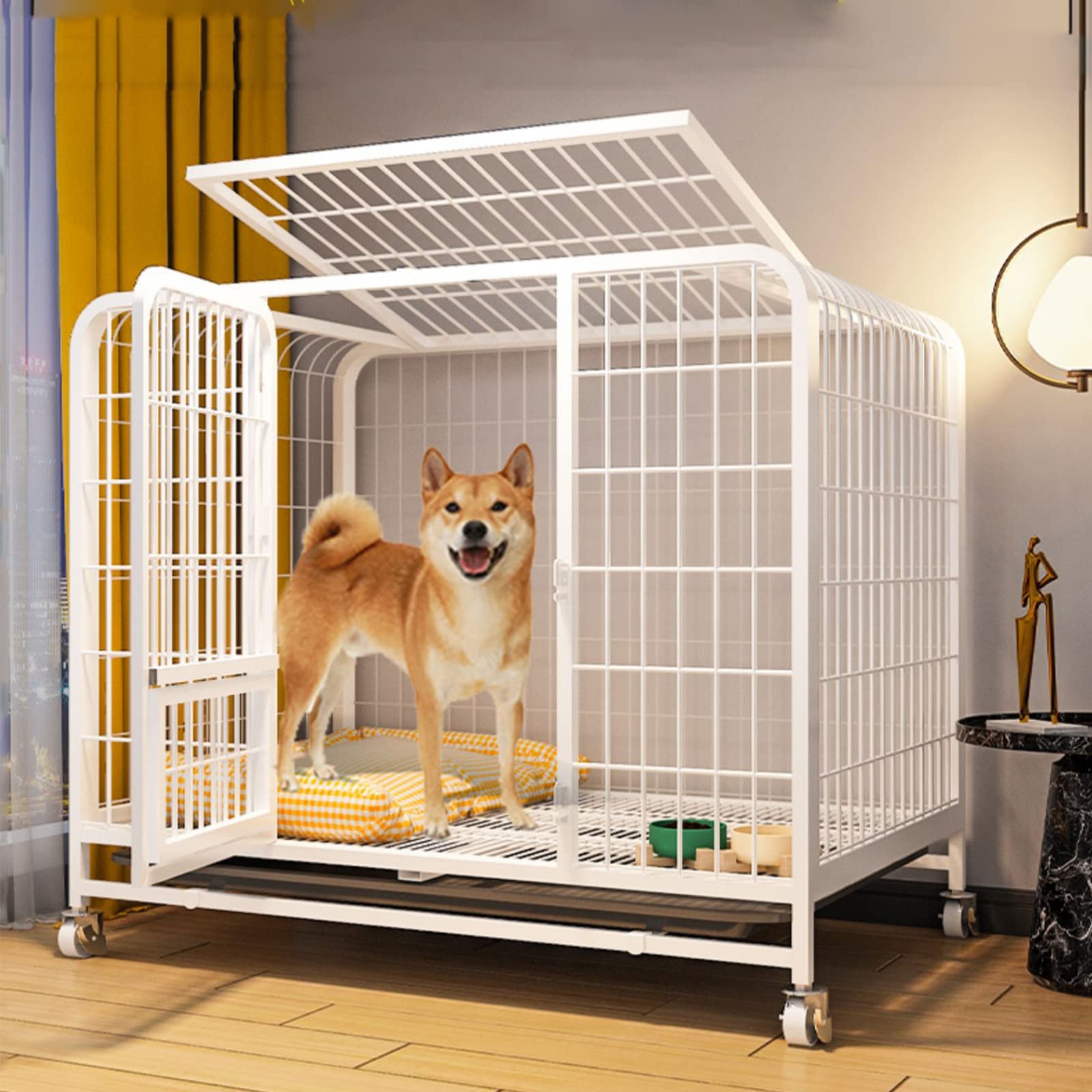 Hundebox Transportbox für Hund & Katzen - Groß Hundetransportbox, Hundekäfig für Zuhause Transport & Auto, Outdoor Hundehaus aus Stahl, für große kleine Hunde 110 * 72 * 95cm White