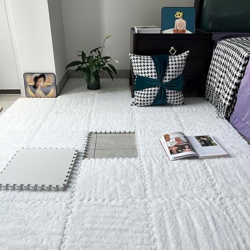 30 Stück Fuzzy 12x12 Zoll Teppichquadrate, ineinandergreifende Plüschbodenfliesen, Puzzleteil-Bodenmatte, Puzzlematte für Spielzimmer, Wohnzimmer, weiß, 0,23 Zoll