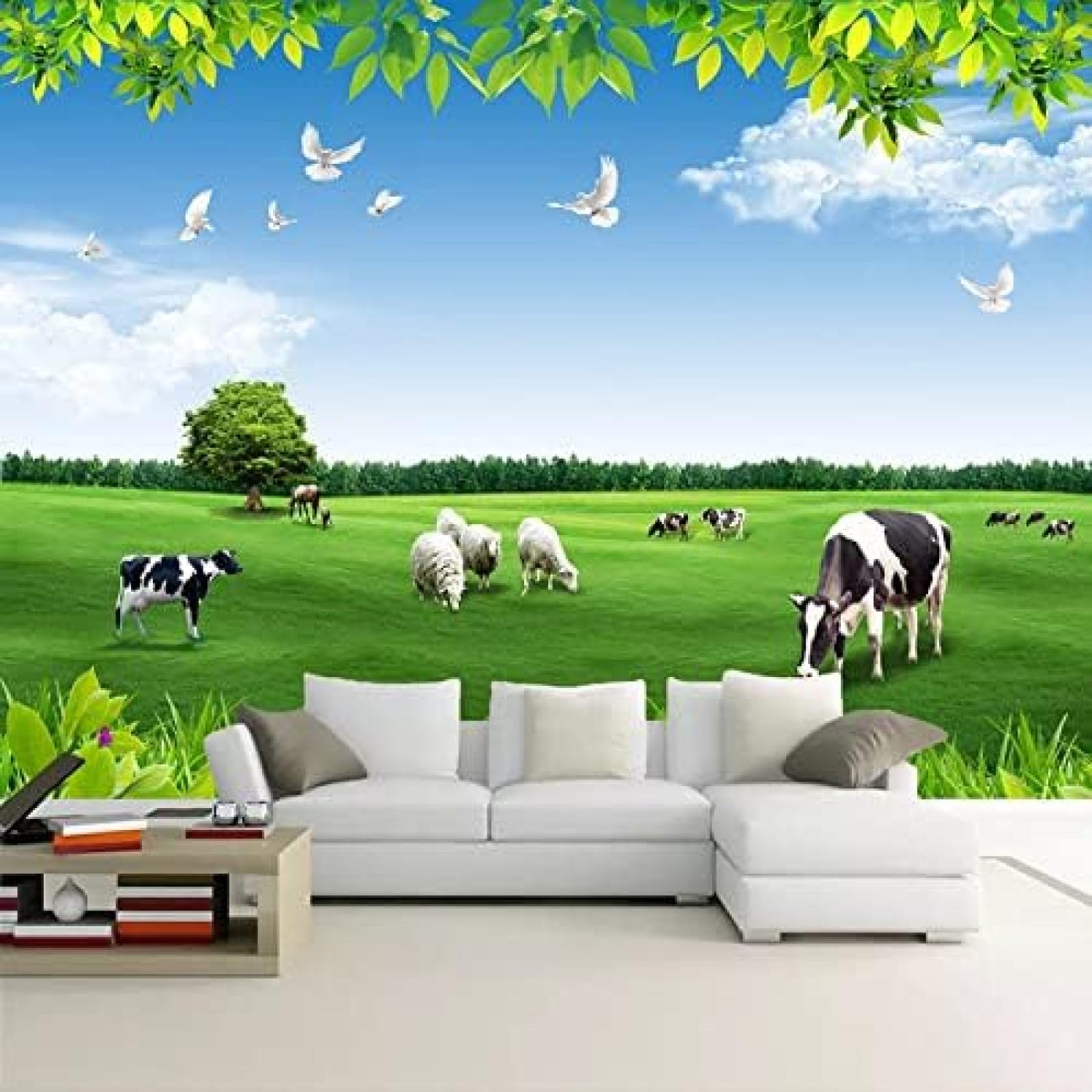 XLMING Kuh Wiese Natur Landschaft Mit Blauem Himmel Und Weißen Wolken 3D Tapete Wohnzimmer Sofa Schlafzimmer Esszimmer Home Dekoration Wand-400cm×280cm