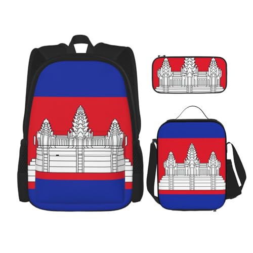 WURTON Rucksack mit Kambodscha-Flagge, 3-in-1, Büchertaschen-Set, Lunchbox, Federmäppchen, Reise-Laptop-Tagesrucksäcke, Schwarz, Einheitsgröße, Schwarz , Einheitsgröße