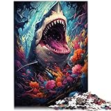 Puzzle-Geschenk, farbenfrohes psychedelisches Hai-Tier, Kunst-Puzzle für Erwachsene, 1000 Teile, Holzpuzzle, Puzzle für Sommerliebhaber, anspruchsvolles Spiel (50 x 75 cm)