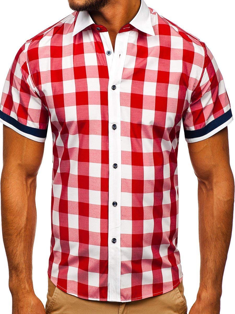 BOLF Herren Hemd Kurzarm Trachtenhemd Karohemd Freizeithemd Slim Fit Kariert Baumwollmischung Sommer Casual Style 8901 Rot L [2B2]