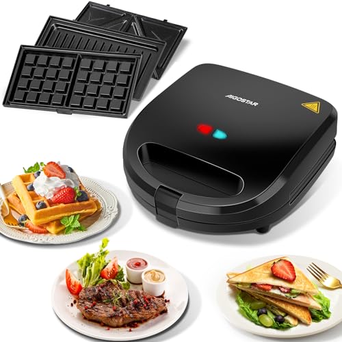 Aigostar Sandwichmaker 3 in 1,Sandwichtoaster,Tisch-Grill,Waffeleisen 3 in1,3 abnehmbare Grillplatten| American Toast, Waffeln, Fleisch | Antihaftbeschichtet | Schwarz,EINWEGVERPACKUNG