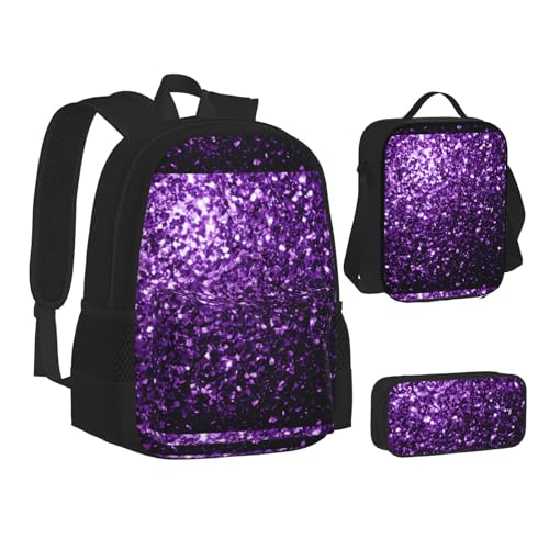 WURTON Schönes violettes Glitzerdruck-Rucksack-Lunchbox-Set, 3-in-1-Büchertasche und Federmäppchen, passende Kombination, Schwarz, Einheitsgröße