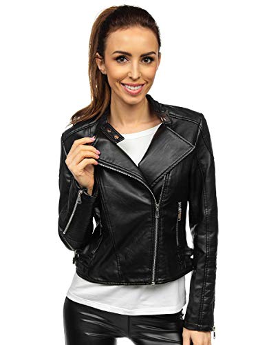 BOLF Damen Ramones Jacke Übergangsjacke Kunstleder Lederimitation Stehkragen Reißverschluss Zip Basic Outdoor Casual Style YD BF5935502 Schwarz XL [D4D]