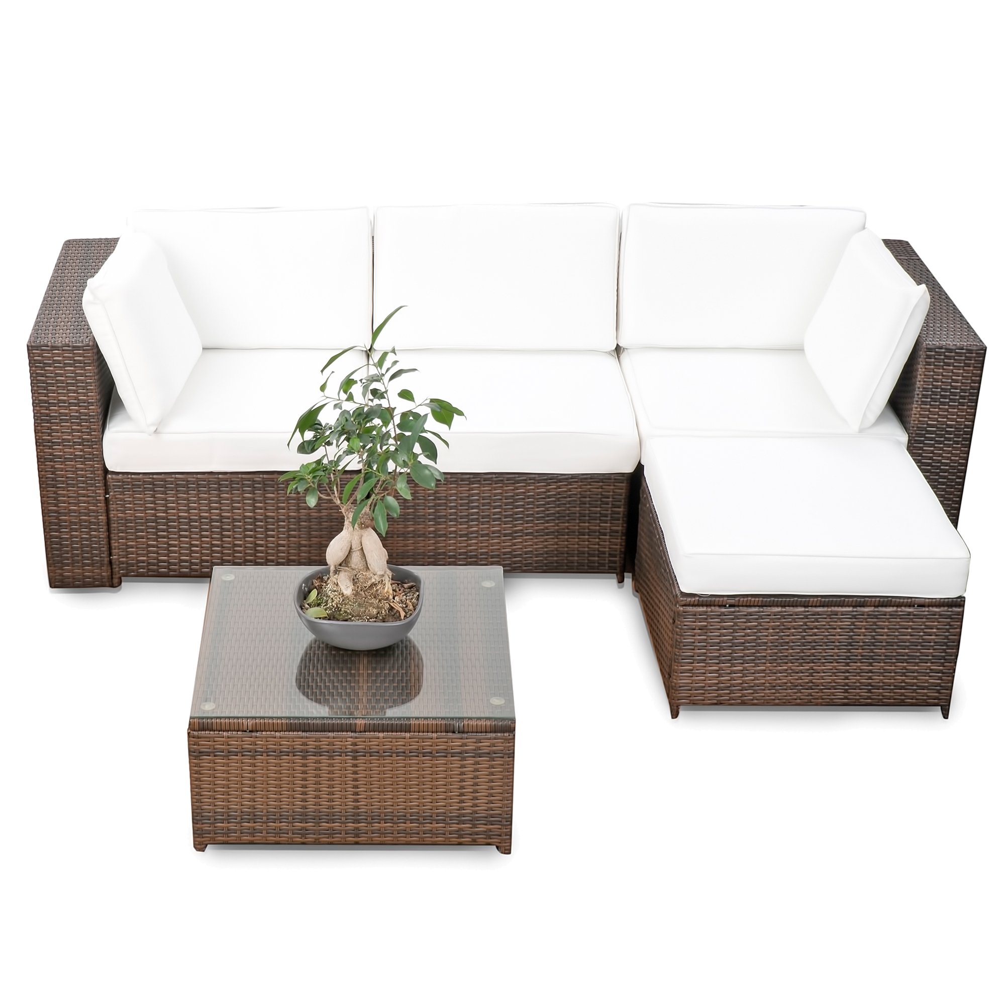 XINRO erweiterbares 15tlg. Balkon Polyrattan Lounge Ecke - braun - Sitzgruppe Garnitur Gartenmöbel Lounge Möbel Set aus Polyrattan - inkl. Lounge Sessel + Ecke + Hocker + Tisch + Kissen