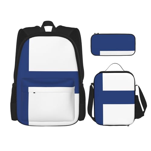 WURTON Rucksack mit finnischer Flagge, 3-in-1, Büchertaschen-Set, Lunchbox, Federmäppchen, Reise-Laptop-Tagesrucksäcke, Schwarz, Einheitsgröße, Schwarz, Einheitsgröße, Schwarz , Einheitsgröße