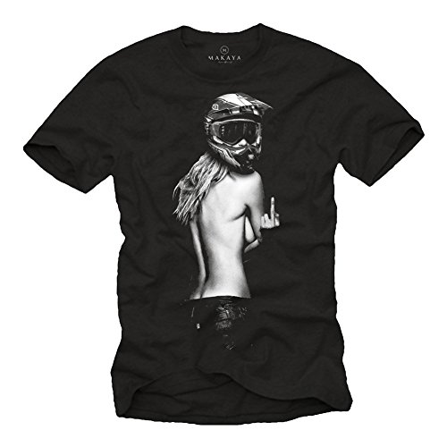 Motorrad T-Shirt Herren - Pin Up Girl mit Motocross Helm - Motorradbekleidung schwarz XXXL