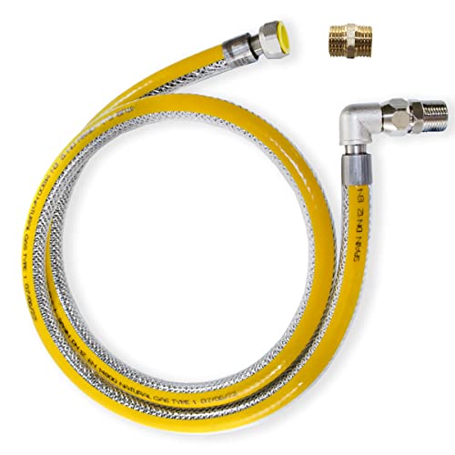 Metallwellschlauch für Gas, sicherheitsverstärkt, flexibel + drehbares Winkelstück - L 1,5 m (59") - 1/2" M-F