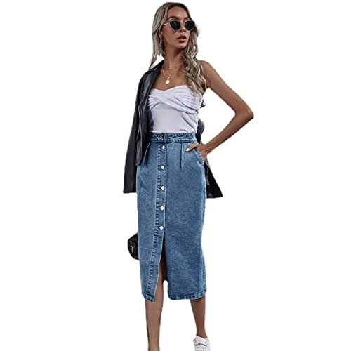 WINDEHAO Sommer Damen Jeansrock mit hoher Taille, modischer knielanger Jeansrock, mittellanger einreihiger Denim-Paket, Hüftrock, blau, 34