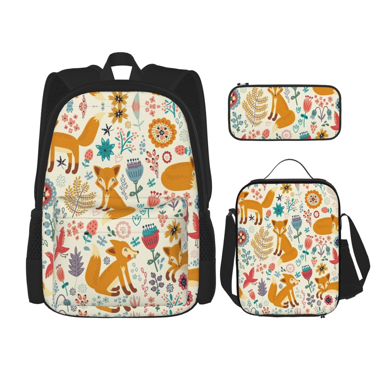 WURTON Niedliches 3-in-1-Büchertaschen-Set mit Blumenmuster, verstellbarer Schulter-Rucksack, Lunch-Tasche, Federmäppchen, Beutel, Schwarz, Einheitsgröße