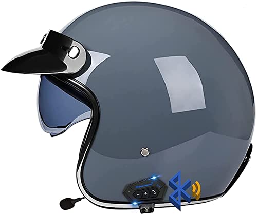 Motorradhelm Motorrad Bluetooth Jethelm,DOT/ECE-Zertifiziert Vintage Open Face 3/4 Halbhelme Jet Helm,Retro Crash Halbhelm Mit Visier Scooter Street Bike Motorrad Cap (Color : B, Größe : L=59-60cm)