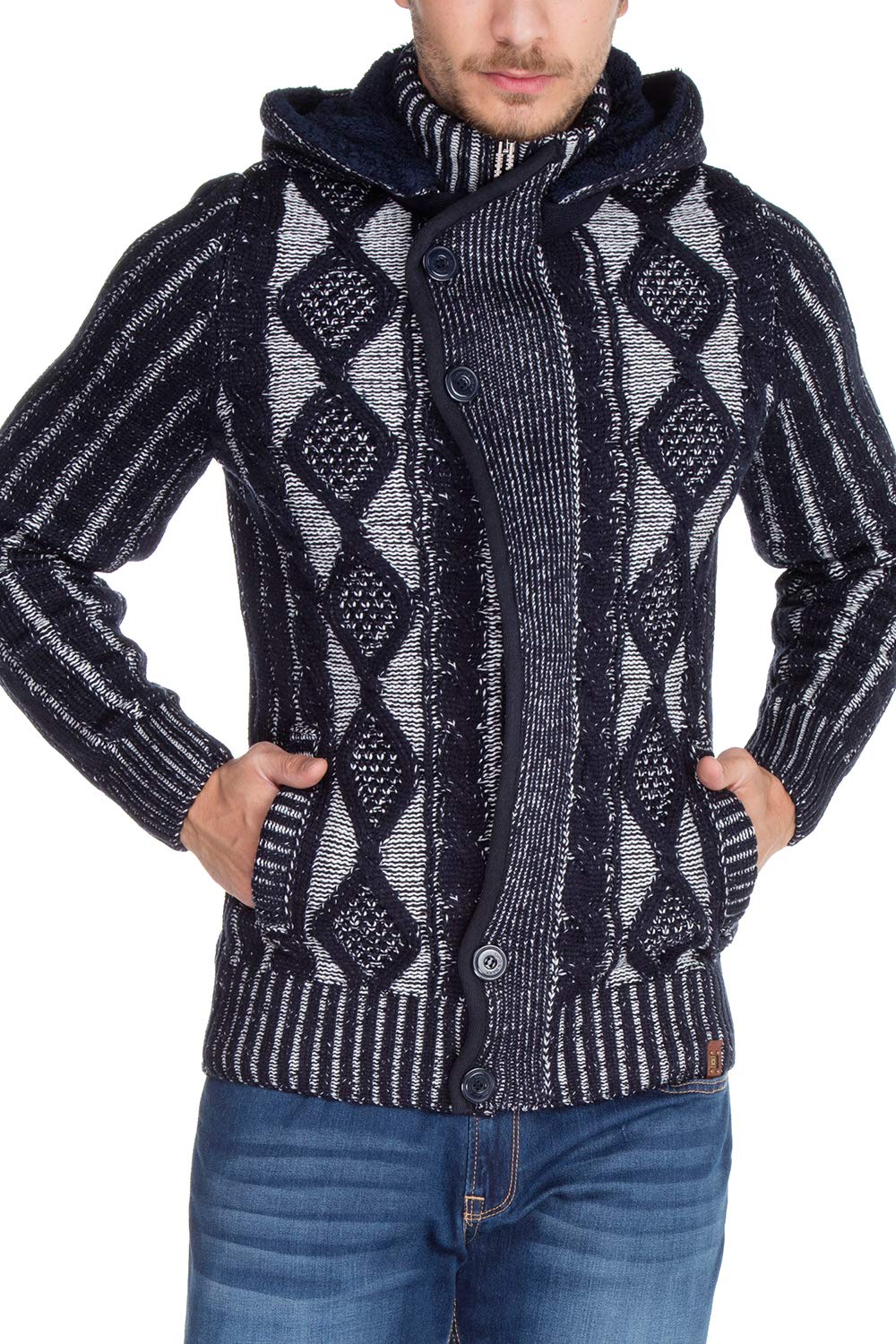 Cipo & Baxx Herren Grobstrickpullover Cardigan Strickjacke Kapuzenjacke Pullover Sweatshirt Dunkelblau L