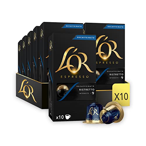 L’OR Espresso Kaffee Ristretto Decaffeinato Intensität 9 – Nespresso®* kompatible Kaffeekapseln aus Aluminium - 10 Packungen mit 10 Kapseln (100 Getränke)