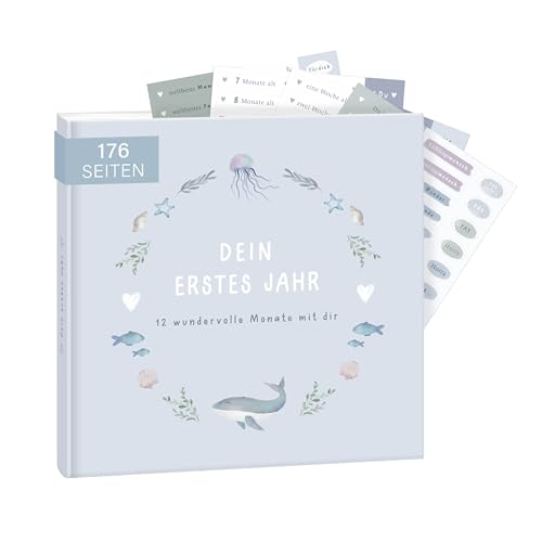 mintkind® Babyalbum "Mein erstes Lebensjahr" Wal + Sticker Set I Baby Fotoalbum zum Selbstgestalten I Baby Geschenk für Mädchen und Junge | Babybuch zum Eintragen | Baby-Tagebuch ab 0 Monate