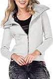 Cipo & Baxx Damen Sweatjacke Übergangsjacke Sweater Sweatshirt Freizeit Jacke mit Doppelkragen Graumelange XL