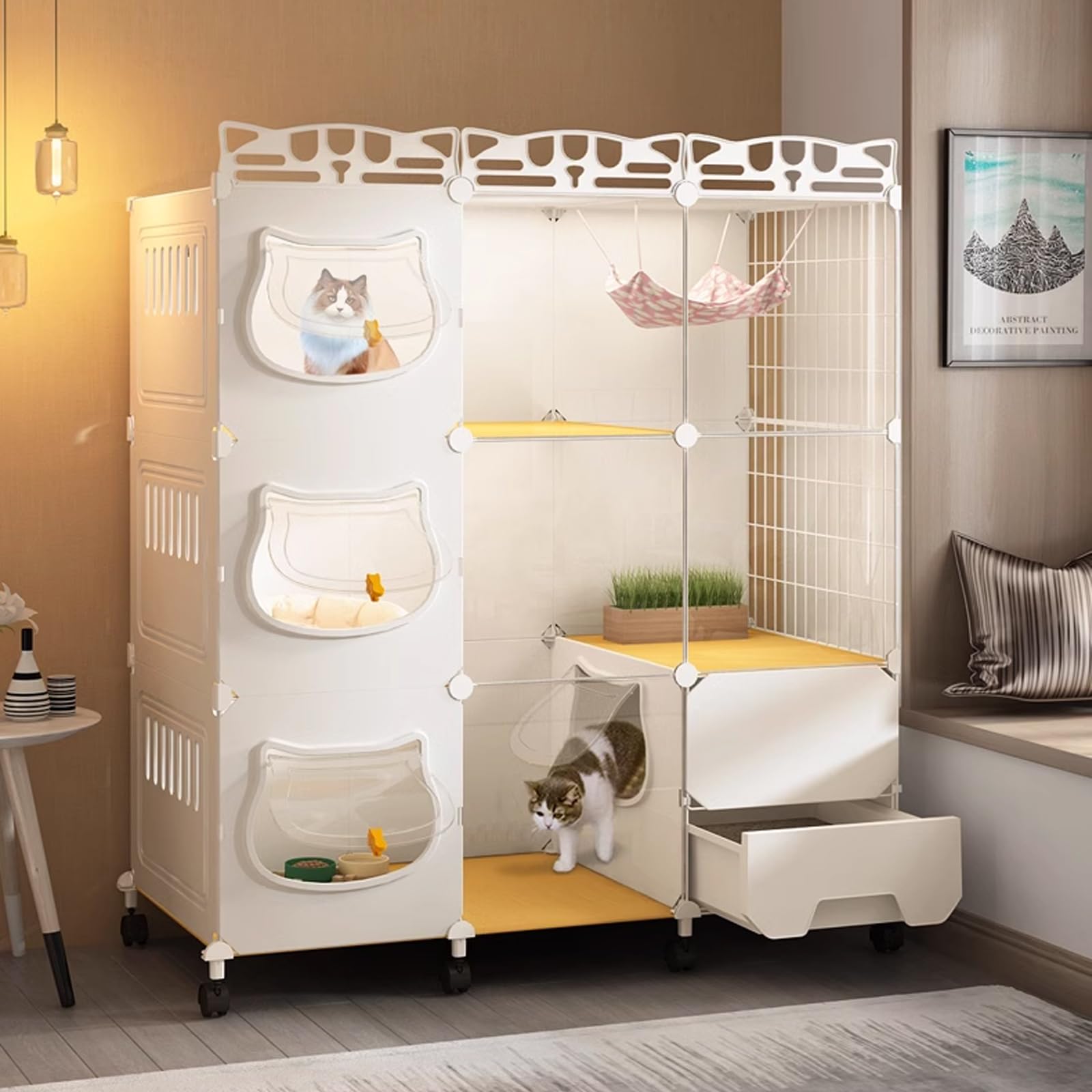 Katzenkisten für Hauskatzen mit Katzentoilette, Katzenhaus für draußen, Katzenhauskäfig mit Lenkrolle, interaktive Katzenvilla, frei beweglich, leicht zu reinigen