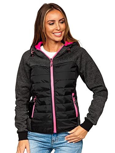 BOLF Damen Übergangsjacke Steppjacke Reißverschluss Outdoorjacke Schuljacke Classic Hoodie Freizeitjacke Herbst Style J.STYLE KSW4002 Schwarz L [D4D]