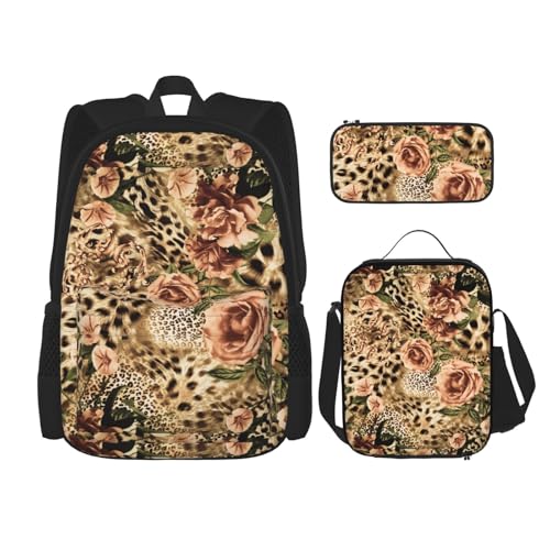 WURTON Gestreifte Lunchbox mit Leopardenmuster, Federmäppchen, Rucksack-Set, 3-teilig, verstellbare Riemen, langlebig, leicht, Schwarz, One Size