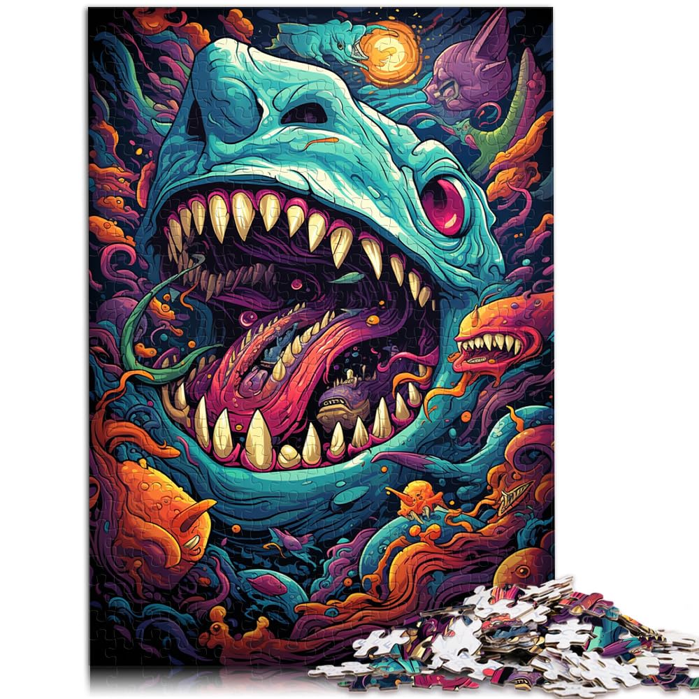 Puzzle für farbenfrohen psychedelischen Hai, 1000-teiliges Puzzle, Holzpuzzle mit vollständig ineinander greifenden und zufällig geformten Teilen, 1000 Stück (50 x 75 cm)