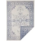 NORTHRUGS In- und Outdoor Teppich Borbon Rund ⌀140cm - Wendeteppich Wetterfest Orientalisches Vintage Design Läufer für Balkon Terrasse Garten Wintergarten Wohnzimmerteppich Wasserfest in Blau Creme