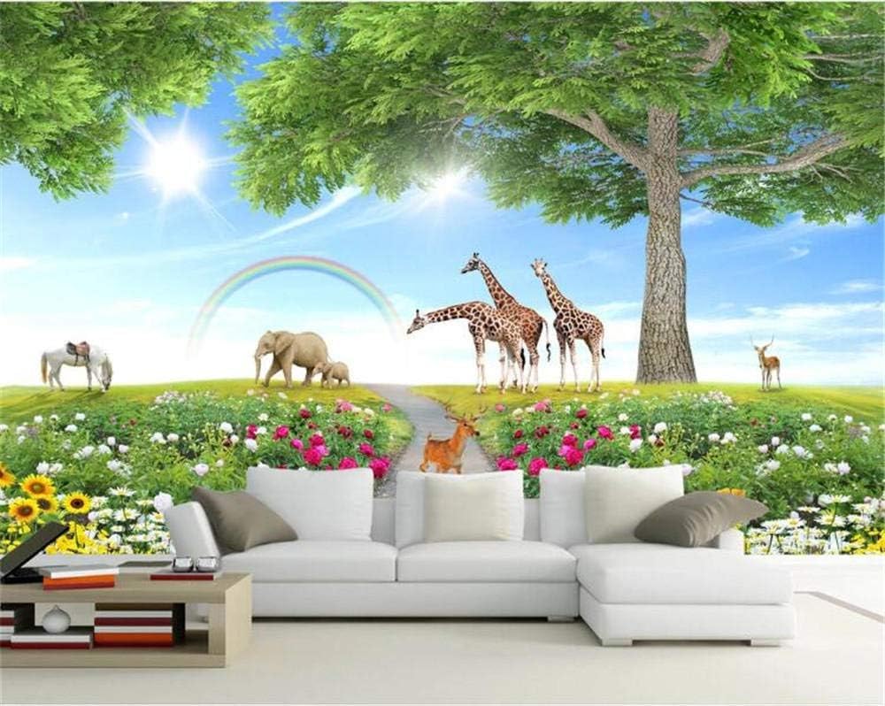 Baum Tier Welt Elefant Giraffe Regenbogen 3D Tapete Poster Restaurant Schlafzimmer Wohnzimmer Sofa TV Dekorative Wand-430cm×300cm