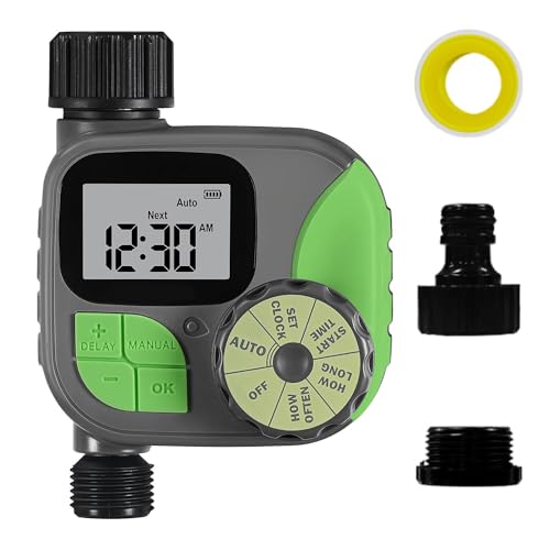 Kiudduy Sprinkler- für Den Außenbereich, Programmierbarer Bewässerungstimer für Gartenschläuche, Wasserdichter Schlauchtimer mit Regenverzögerung/Manuellem A