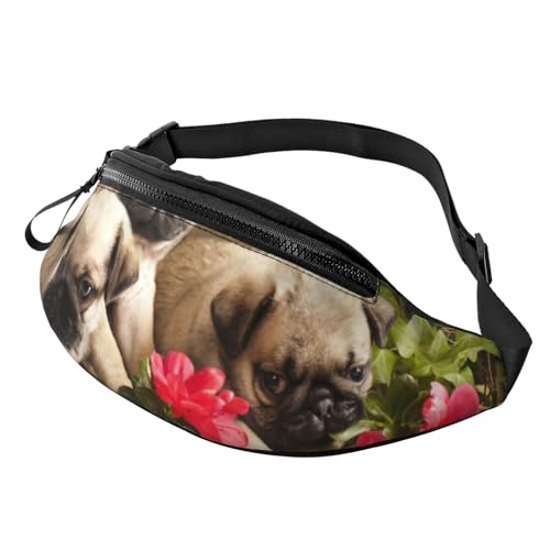 HSJFS Modische Hüfttasche mit Totenkopf-Rosen-Aufdruck, verstellbarer Gürtel, lässige Brusttasche, Puppys Mops, Einheitsgröße