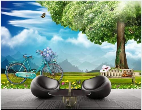 Frischer Blauer Himmel Weiße Wolken Große Bäume Fahrrad 3D Tapete Poster Restaurant Schlafzimmer Wohnzimmer Sofa TV Dekorative Wand-350cm×256cm