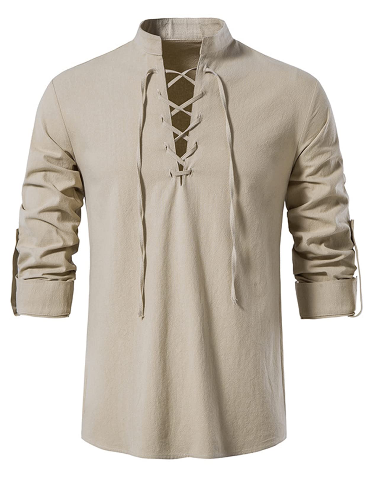 Idopy Herren Retro Lace Up Punk Renaissance Mittelalter Tops Pullover Henley Shirt, beige, M