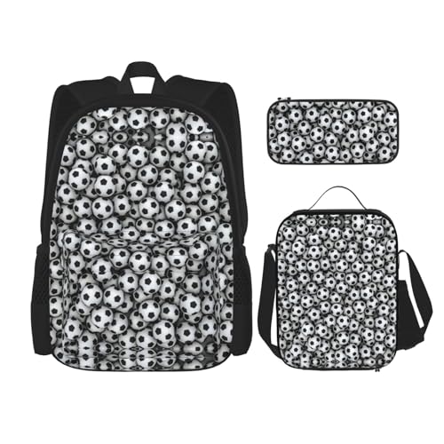 WURTON Stapel von Fußbällen Druck Schulrucksack 3 in 1 Büchertasche Set mit Lunchbox Federmäppchen Reise Laptop Daypacks