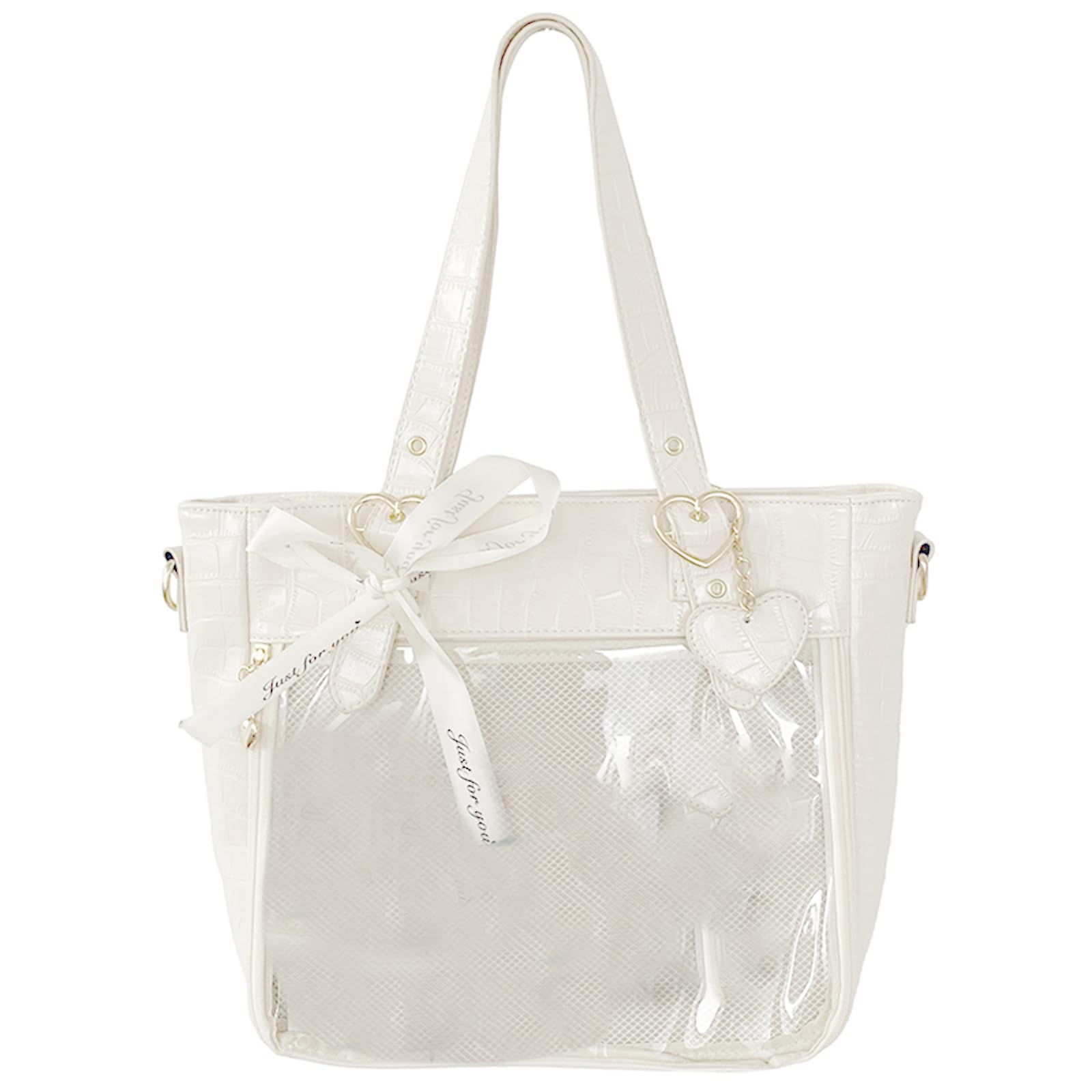 ohodhmnu Damen Tragetasche, modische Achseltasche, japanische Umhängetasche für Mädchen, Frauen, Tragetasche, Umhängetasche, transparent, Reisehandtasche, weiß, with scarf