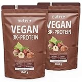 Nutri + Proteinpulver Vegan Haselnuss 2 kg - 83% Eiweiß - 3k Protein Powder Hazelnut Flavor - veganes Eiweißpulver ohne Milch & Whey - Nuss Geschmack