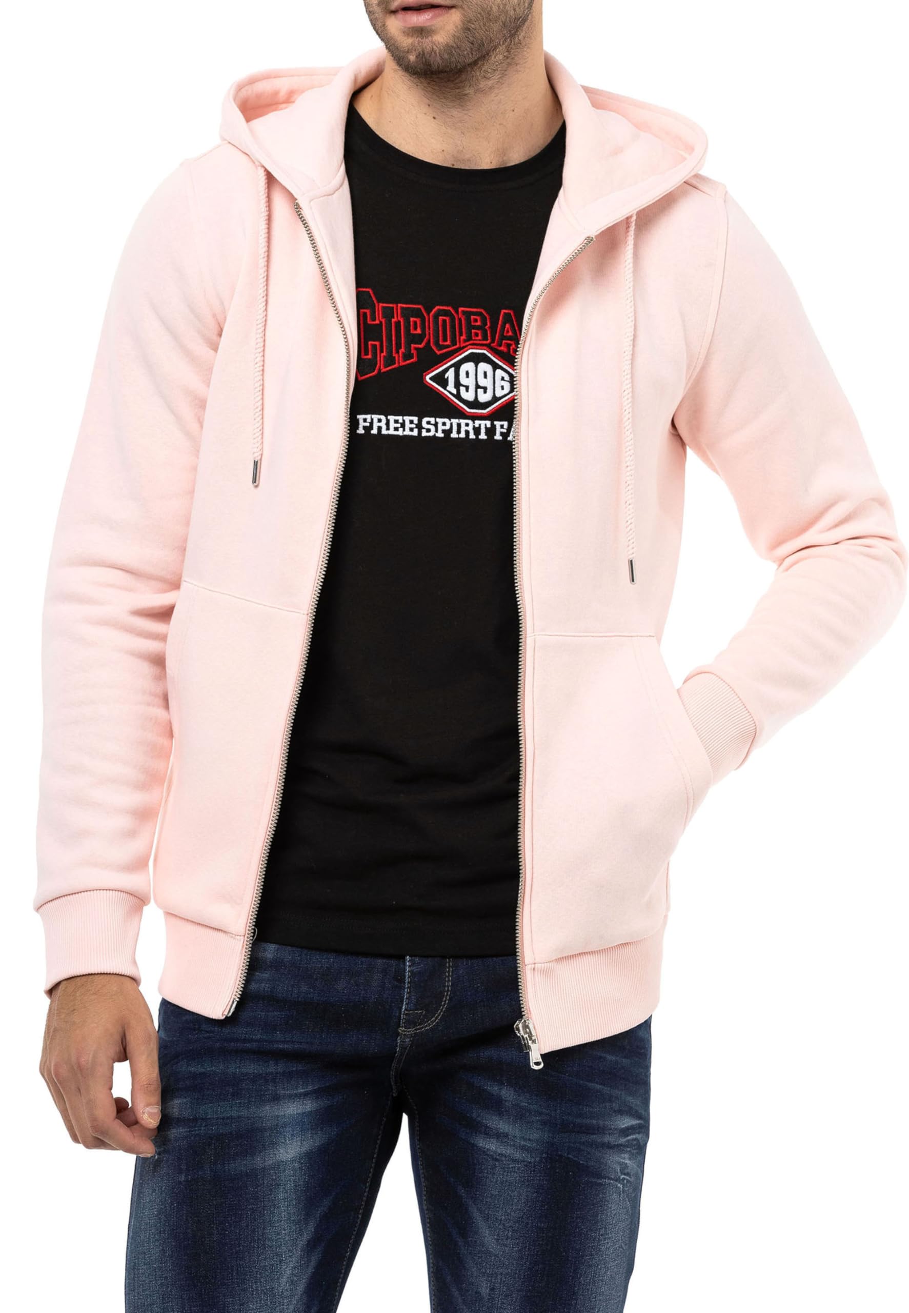 Cipo & Baxx Herren Sweatjacke Sweatshirt Basic Kapuzenpullover Reißverschluss Sweat CL556 Pink M