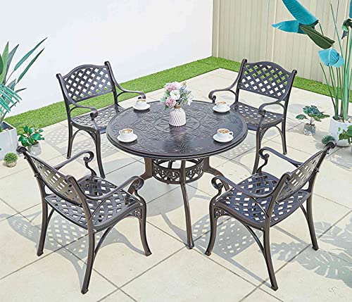Esszimmer-Set aus Aluminiumguss mit 4 Stühlen und rundem Tisch, Gartenmöbel für Patio, Terrasse, Terrassendielen, langlebig