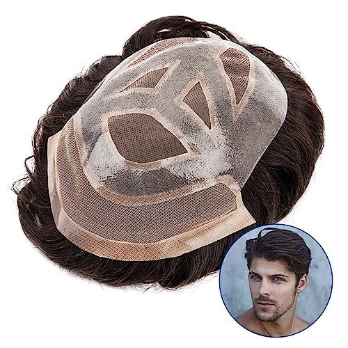 Toupet für Männer Men Hair Units Herren-Toupet, indisches Echthaar, Perücke, Mono und Pu, mit Spitzenfront, Haar-Toupet, 15,2 cm, atmungsaktives Haarersatzsystem #1B, Herren-Haarteil Männer Haarersatz