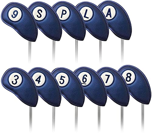 Golfschlägerhauben Set Wert 11 Stück für Golf Eisen, Kunstleder Deluxe Schlägerhauben Schwarz Blau Rot Golfschläger Covers, Professionell Langlebig Schlägerkopfhüllen Passen Alle Markenclubs (Blau)