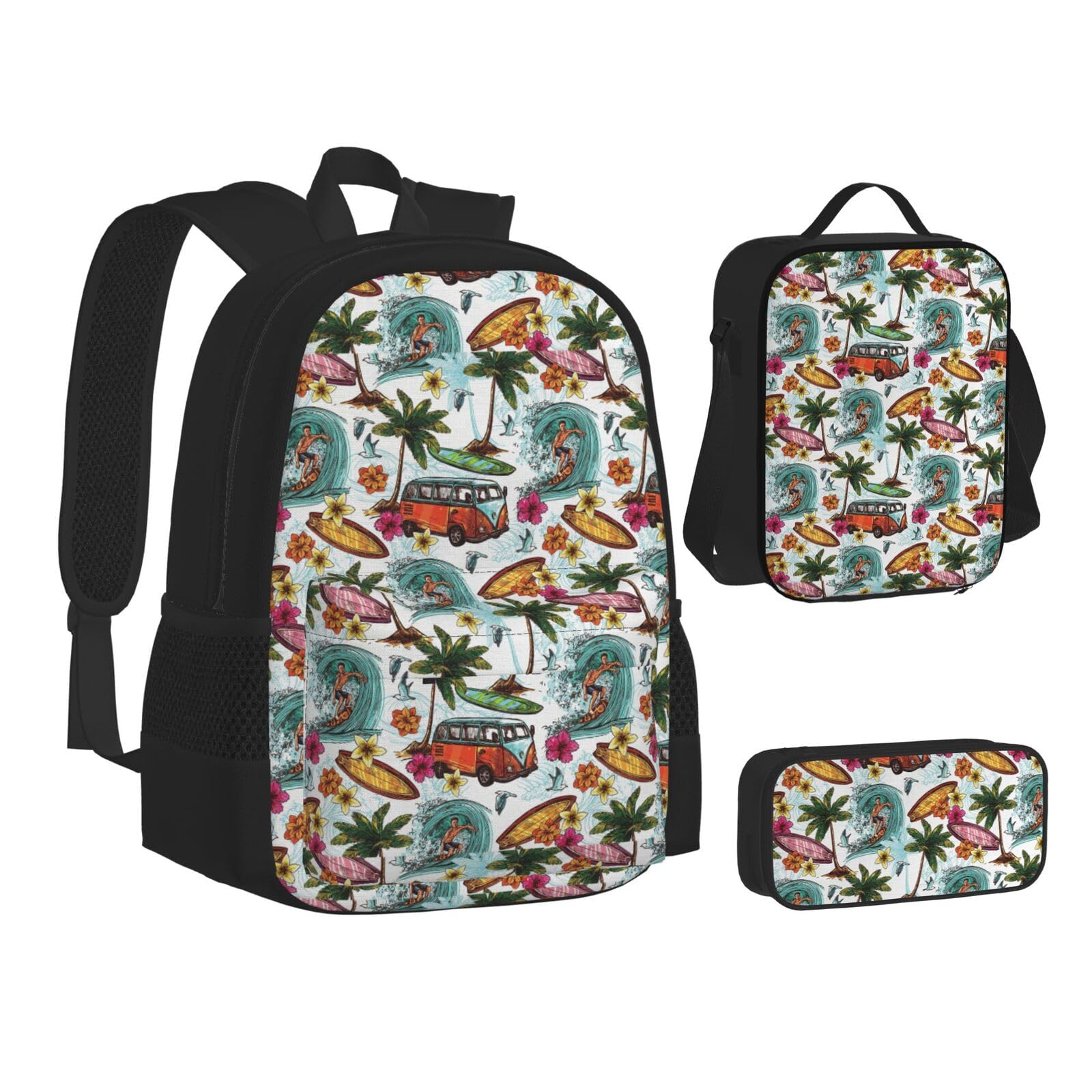 WURTON Rucksack, Lunchbox-Set, Motiv: Hawaiianischer Surfer auf gewelltem Druck, 3-in-1-Rucksack und Federmäppchen, passende Kombination, Schwarz, Einheitsgröße