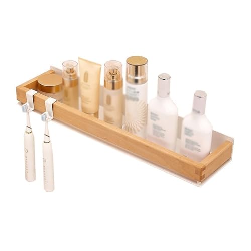 Badezimmerregal für Bad und Küche Duschregal for die Innendekoration der Dusche im Badezimmer, rechteckiger Dusch-Organizer zur Wandmontage mit Holzgeländer und Zahnbürstenhalter Duschablage(Natural,5