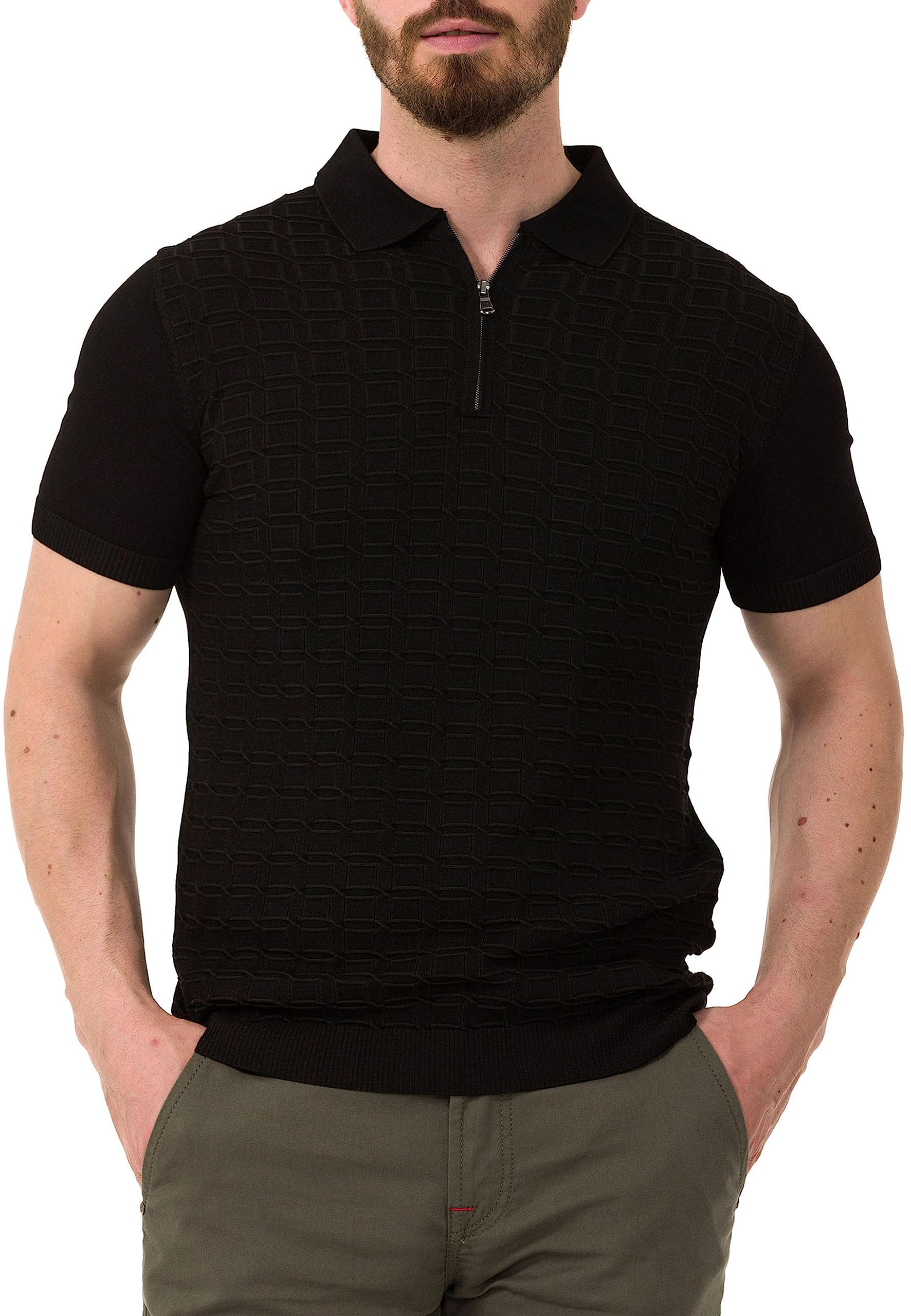 Cipo & Baxx Herren Poloshirt Strıck Reıßverschluss Kurzarm CT752 Schwarz L