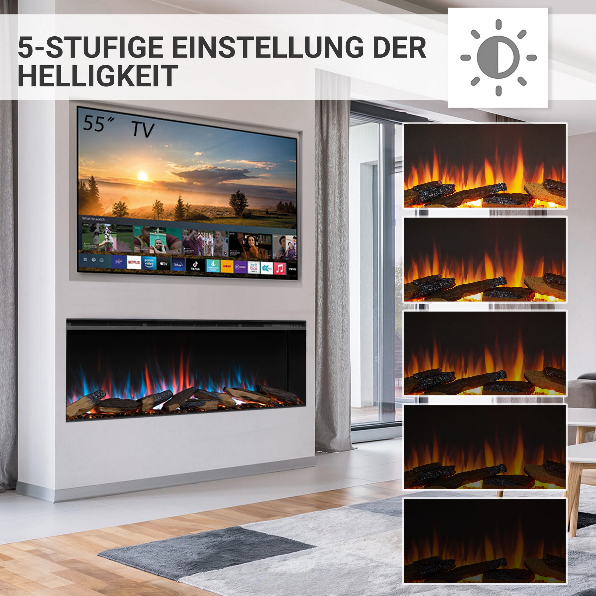 Richen Elektro-Einbaukamin 'Athena 52' schwarz 1500 W, Wifi 3D-Flammeneffekt Fernbedienung 132,8 x 49,5 x 21 cm 3