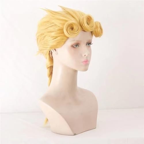 WCCNKK Anime Cosplay Perücke, JOJO's Bizarre Adventure Golden Wind Giorno Giovanna Perücke, Blonde Pferdeschwanzperücke, Mit Perückenkappe,Für Party Alltag Halloween Perücke, Anime-Geschenk