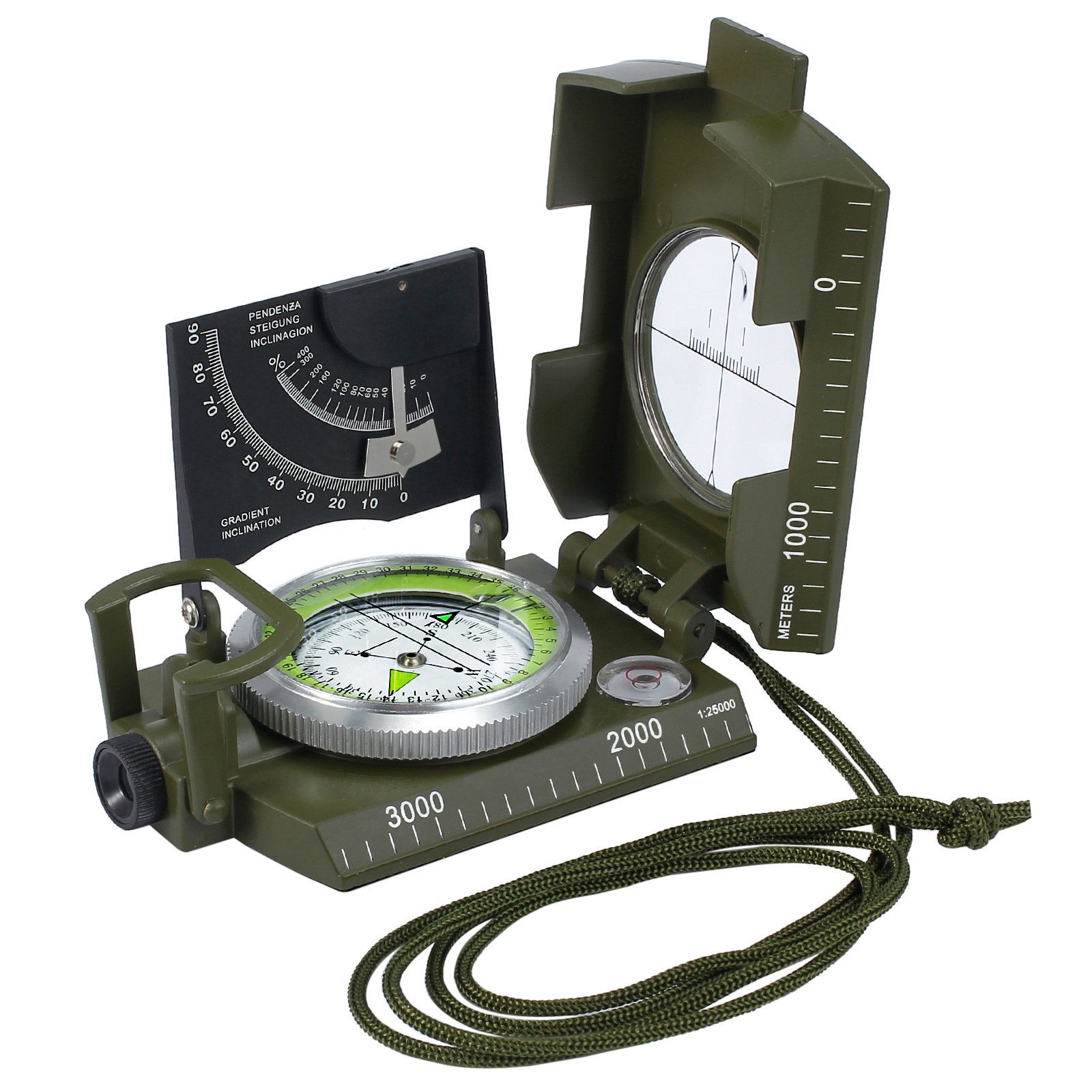 Neoteck Kompass Outdoor Professioneller Wasserdicht Stoßfest Militär Marschkompass mit Tragetasche, Visieroptik, Fluoreszierendem Compass für Erkunden Wandern Camping Geologie (Armeegrün)