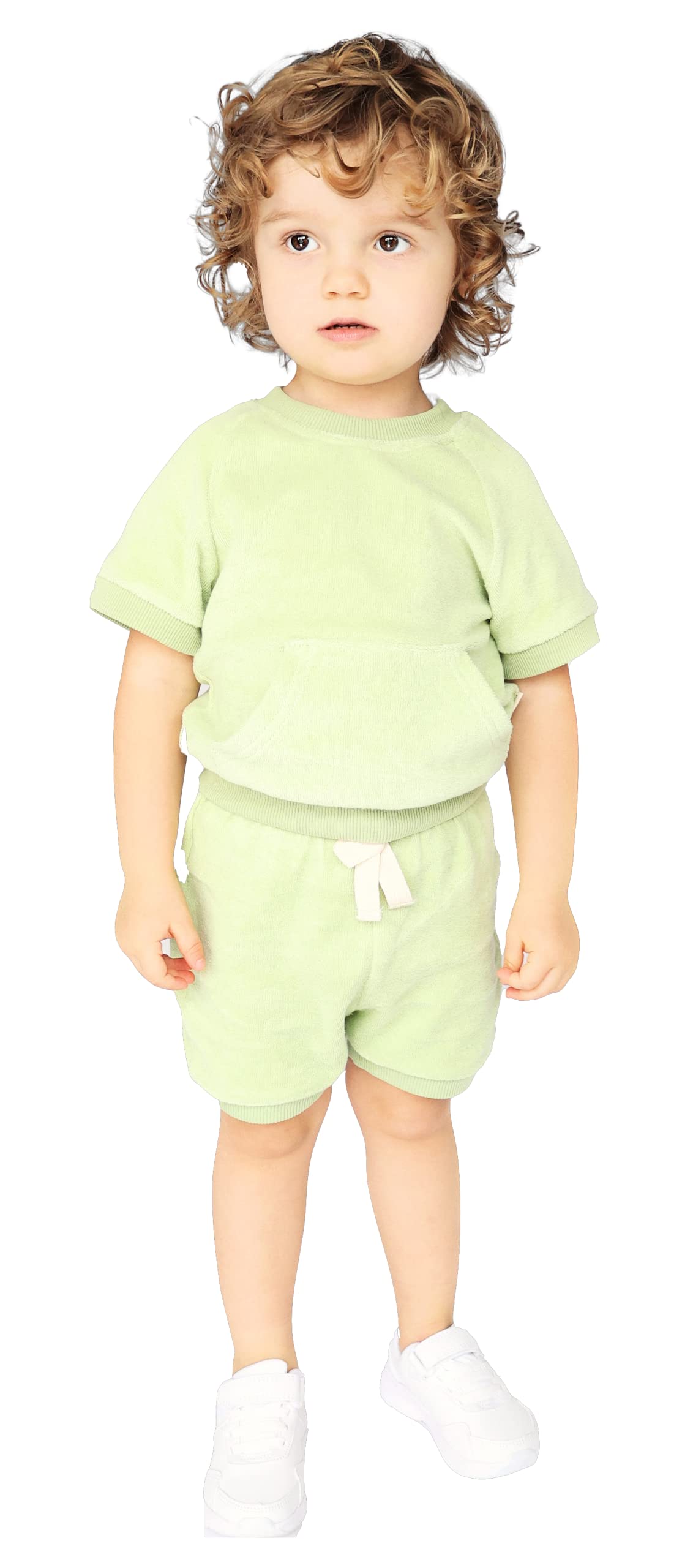 Trainingsanzug aus 100 % Baumwolle, 4 Farben, Unisex, Jungen, Mädchen, Kinder, Kleinkinder, Baby, Rundhalsausschnitt, Sommer-Teddys, 2-teiliges Outfit Gr. 116, pistazie