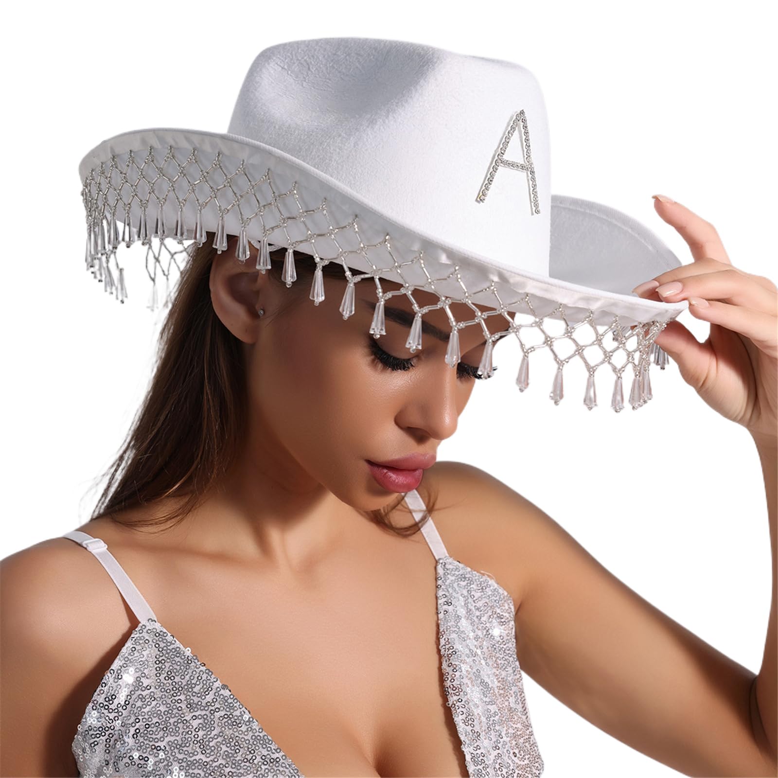 Meiliyizu Westernhut für Damen, Cosplay, Rollkrempe, Hut, Fransen, Strass, Hut, Junggesellinnenabschied, Kopfbedeckung, Zubehör