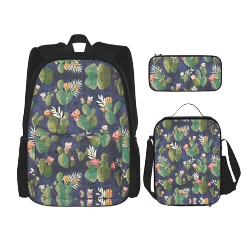 WURTON Rucksack mit Aquarell-Kaktusdruck, für Mädchen, Jungen, Schultaschen, Teenager, Lunchbox und Federmäppchen, 3-in-1-Büchertaschen-Set