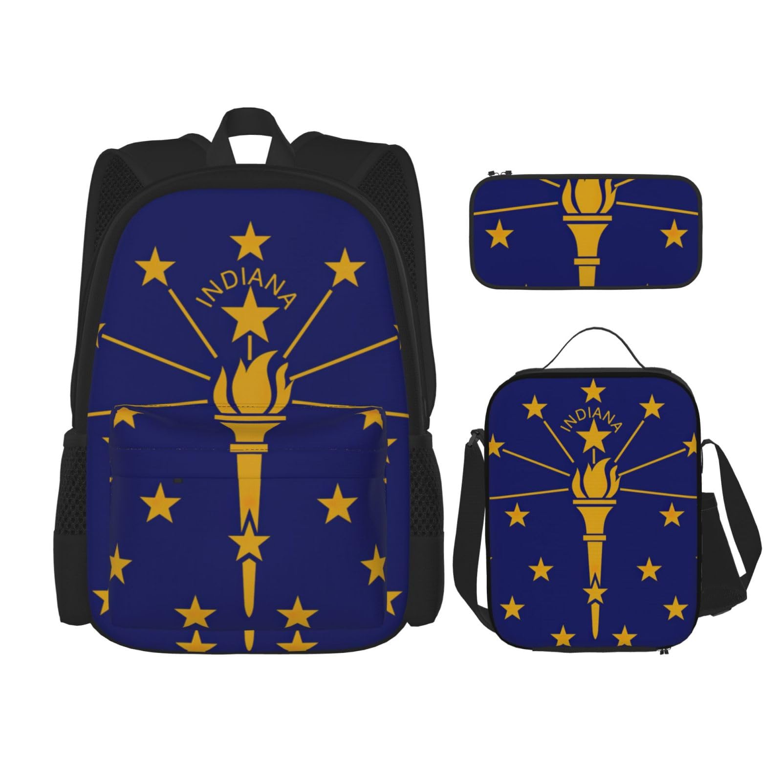 WURTON Indiana State Flag Print Travel Lunch Box Pencil Case Backpack Set 3 Pieces Adjustable Straps Lightweight, Black, One Size, Schwarz, One Size