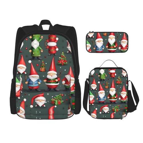 WURTON Lunchbox/Federmäppchen, Rucksack-Set mit lustigen Zwergen, 3-teilig, verstellbare Riemen, langlebig, leicht, Schwarz, One Size