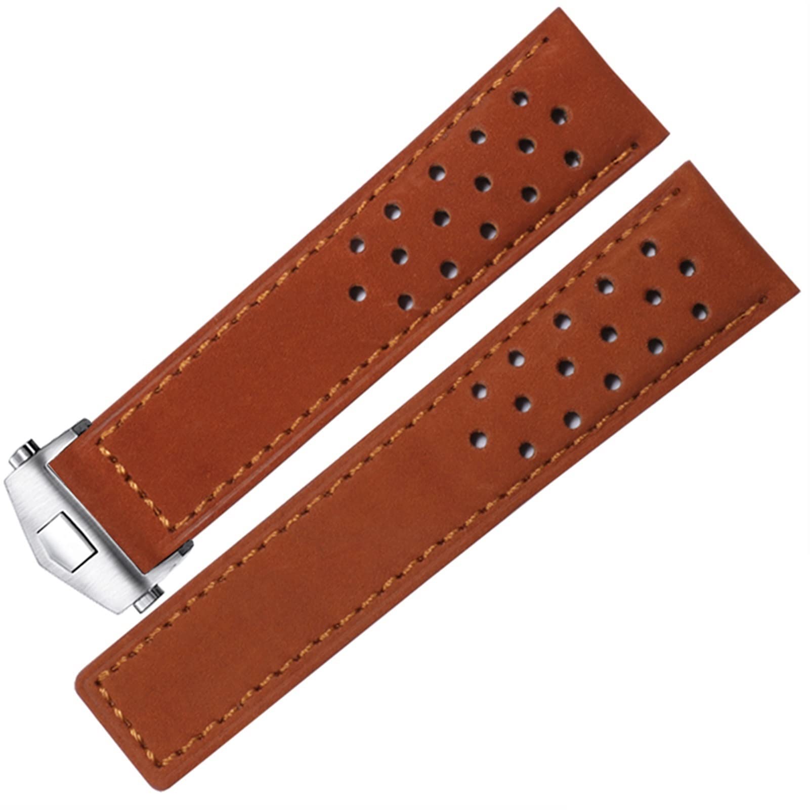 SCRUBY Echtes Leder -Uhrband für SCHILD Heuer Uhrengurt Klappschnalle 20mm 22 mm Kuhleder Uhrenbandbänder(Red brown-silver,22mm)